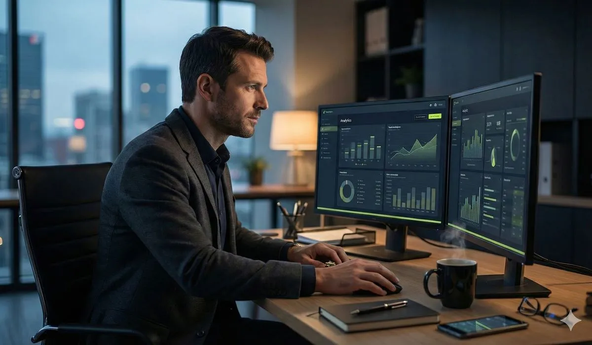 Professional analyzing automation performance metrics and analytics on computer screen