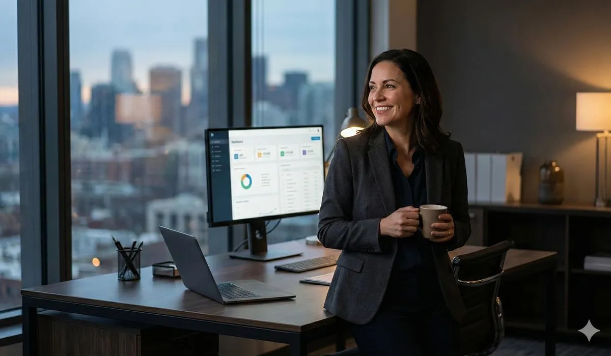 Productive professional working efficiently at organized desk after implementing automation