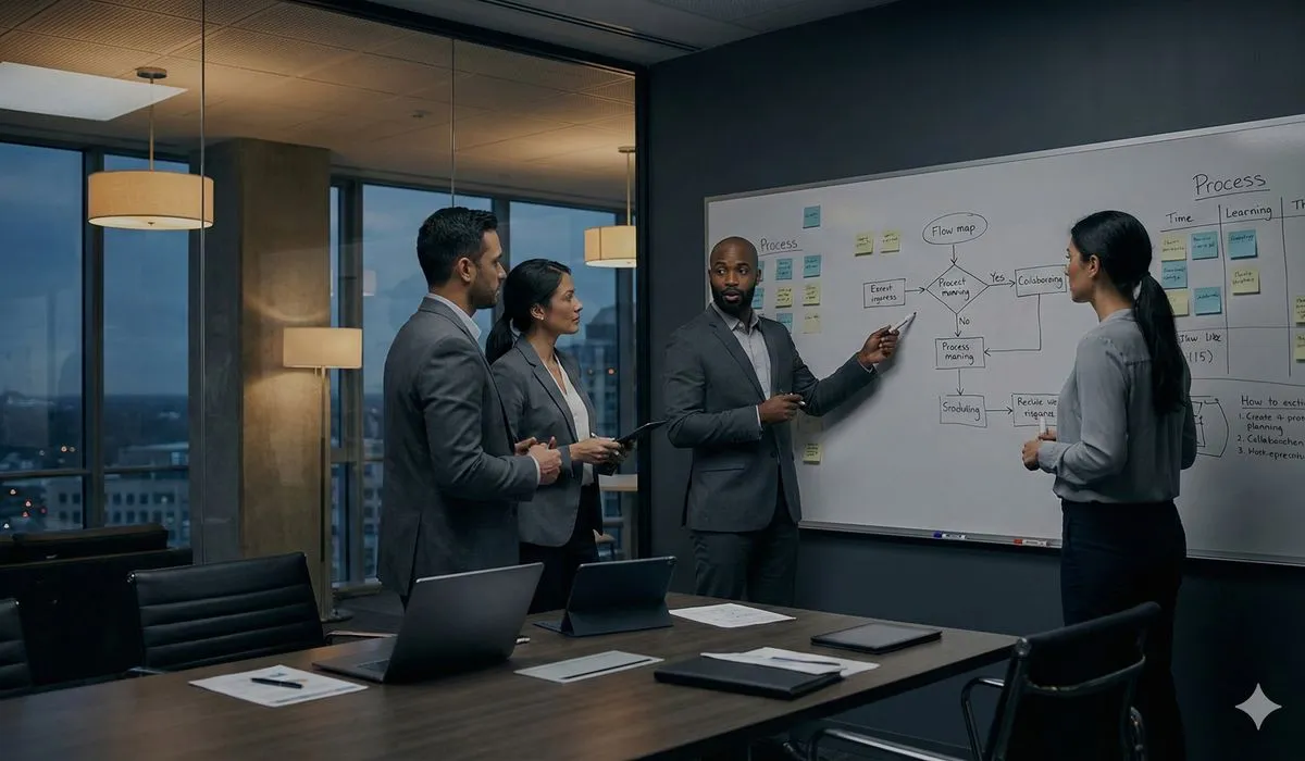 Business team collaborating and mapping out workflow processes on whiteboard