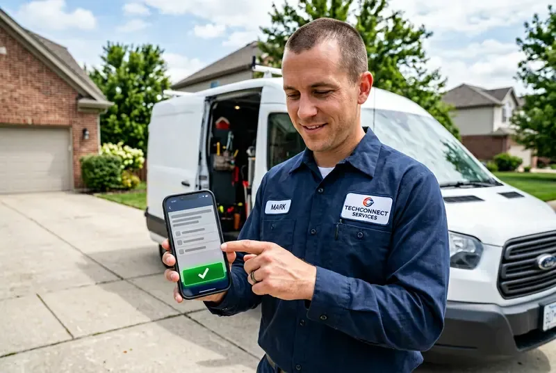 HVAC technician using field service CRM mobile app on smartphone beside white service van at residential job site
