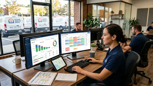 Office manager reviewing best CRM for small business home services dashboard on dual monitors with service vans visible outside