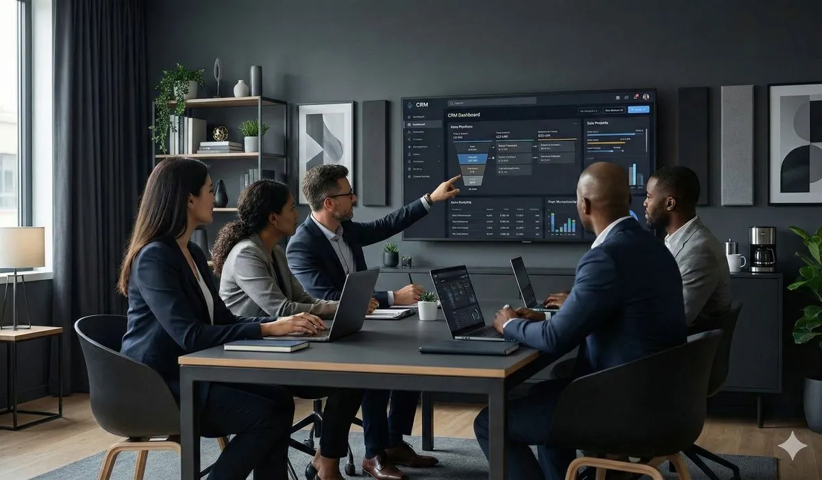 Business team discussing and defining CRM requirements in meeting