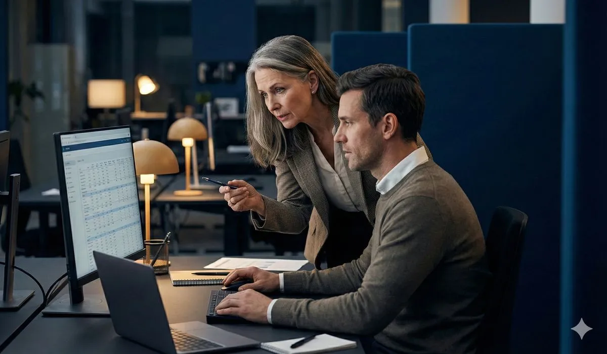 Sales manager providing one-on-one CRM coaching to team member at workstation