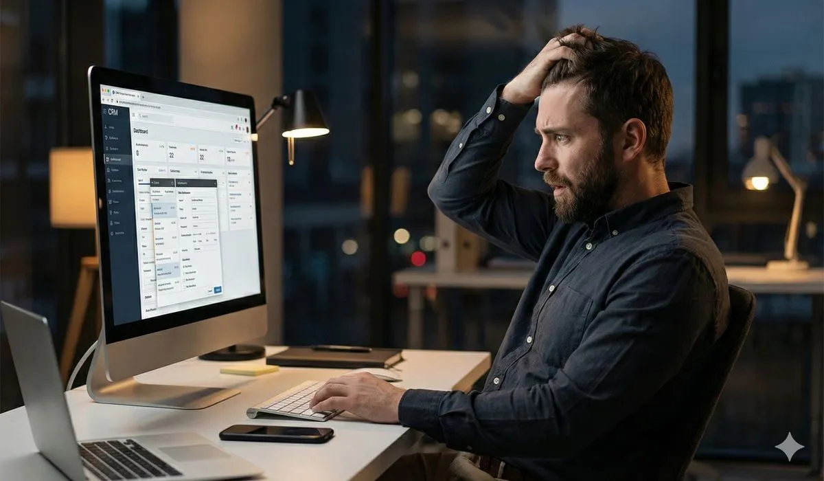Frustrated sales representative struggling with complex CRM software at desk