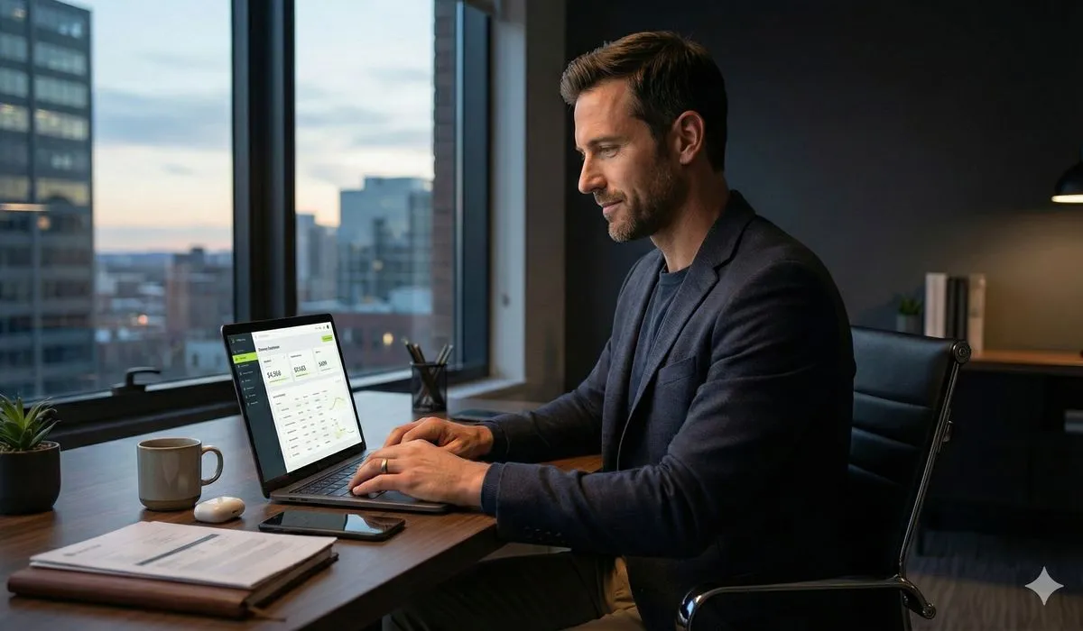 Confident sales professional efficiently using CRM on laptop in modern office