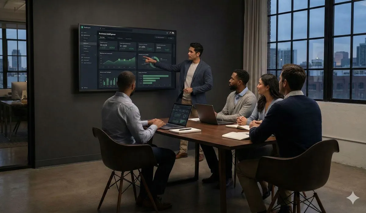 Sales team engaged in hands-on CRM training session with laptops