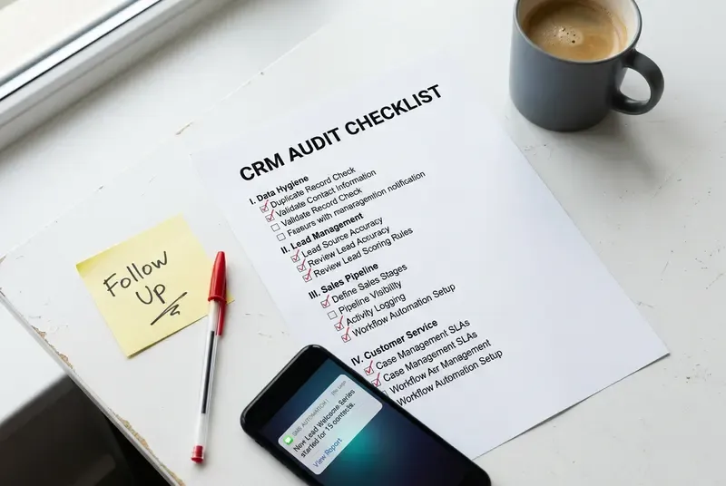 Printed CRM audit checklist with checkboxes ticked in red pen, surrounded by phone and sticky notes on a desk