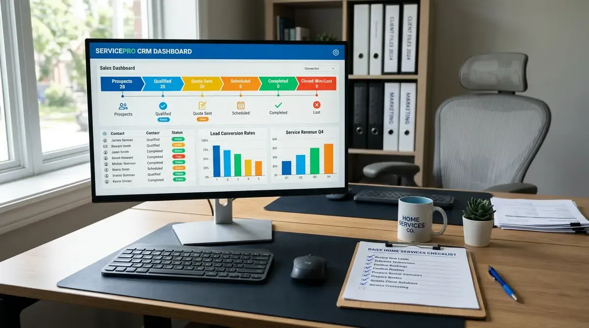 CRM audit checklist on a clipboard beside a monitor showing a home services CRM pipeline dashboard