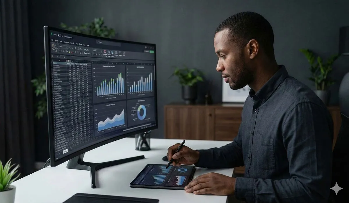 Professional analyzing CRM data quality and records on computer screen
