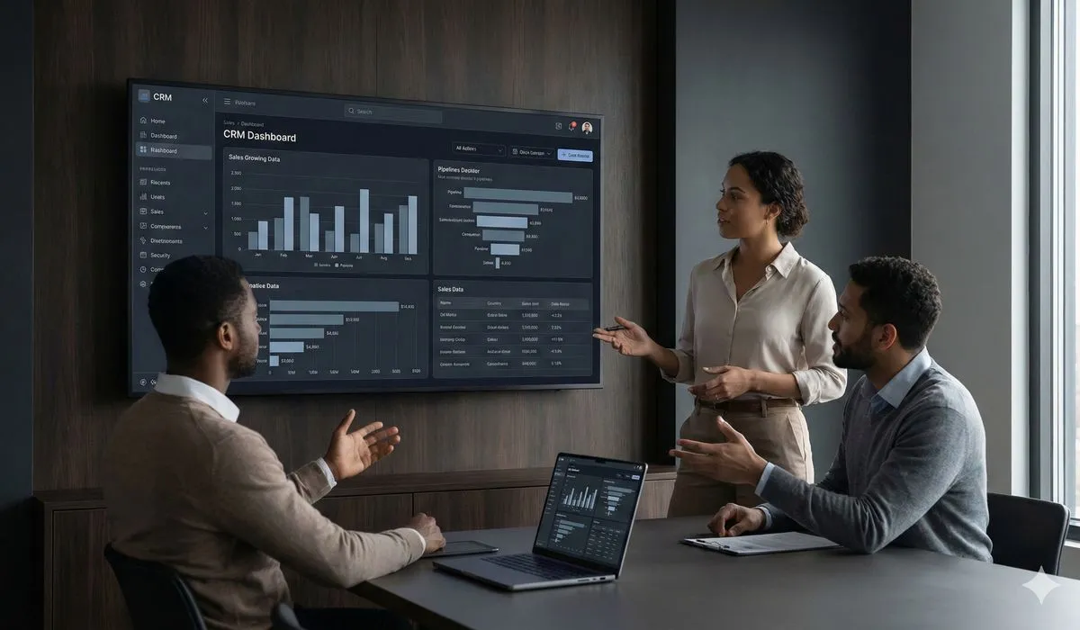 Sales team reviewing pipeline metrics and deal progress on screen