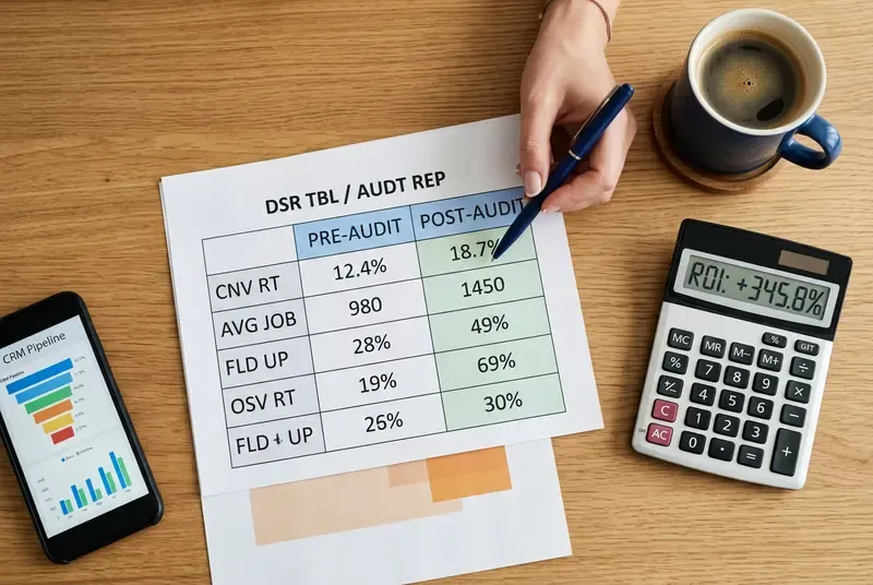 Pre-audit and post-audit CRM performance comparison spreadsheet showing conversion rate and revenue metric improvements