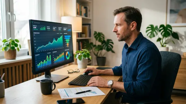 Home services business owner reviewing CRM audit ROI charts and revenue metrics on a desktop monitor