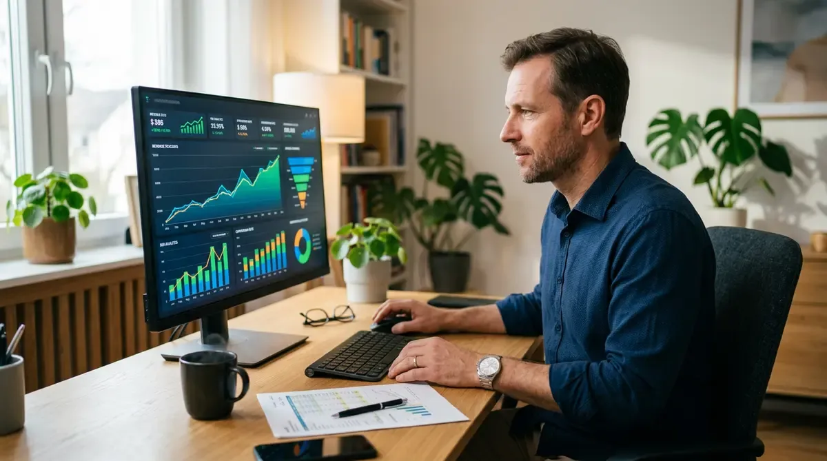 Home services business owner reviewing CRM audit ROI charts and revenue metrics on a desktop monitor