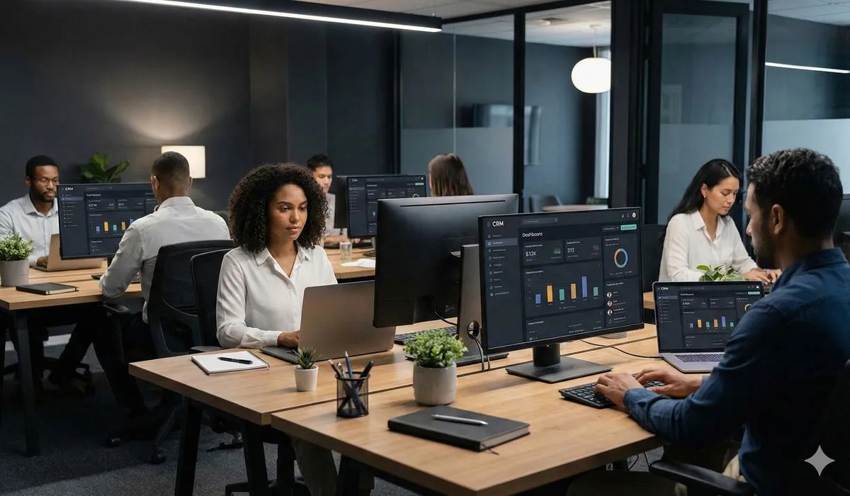 Team members actively engaged with CRM software at their workstations