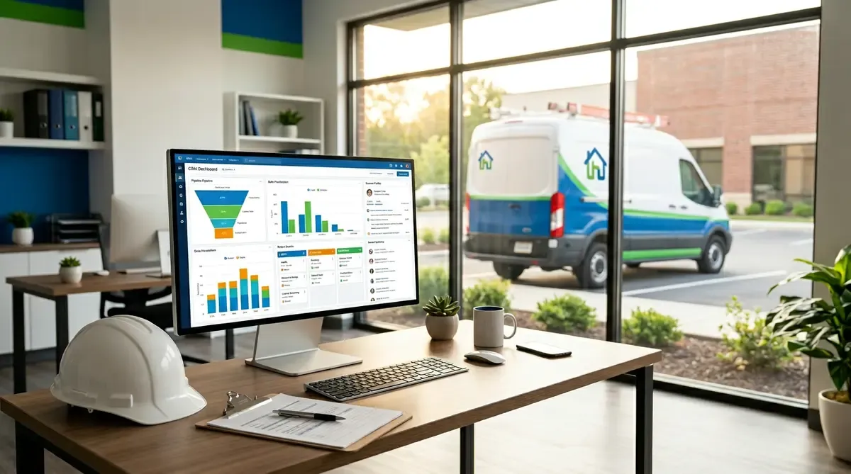 Home services office desk showing CRM dashboard with pipeline data and service van in background