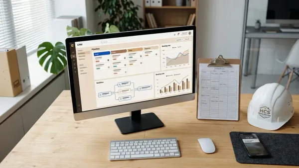 CRM automation dashboard on desktop screen showing home services booking pipeline with workflow automation stages