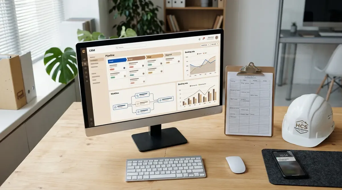 CRM automation dashboard on desktop screen showing home services booking pipeline with workflow automation stages