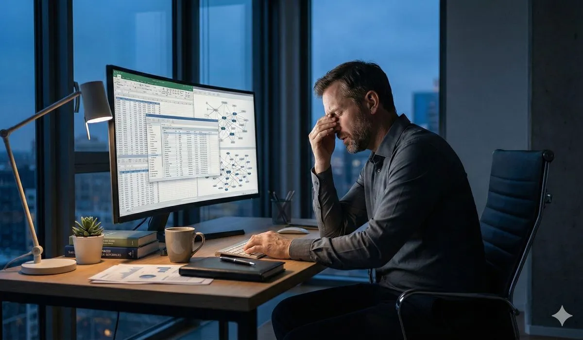Frustrated professional overwhelmed by messy disorganized CRM data