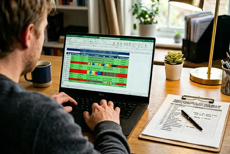 Person reviewing CRM contact records spreadsheet with highlighted duplicate and incomplete data fields during a data audit