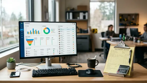 Home services office desk with CRM data hygiene dashboard displayed on computer screen showing clean organized contact records