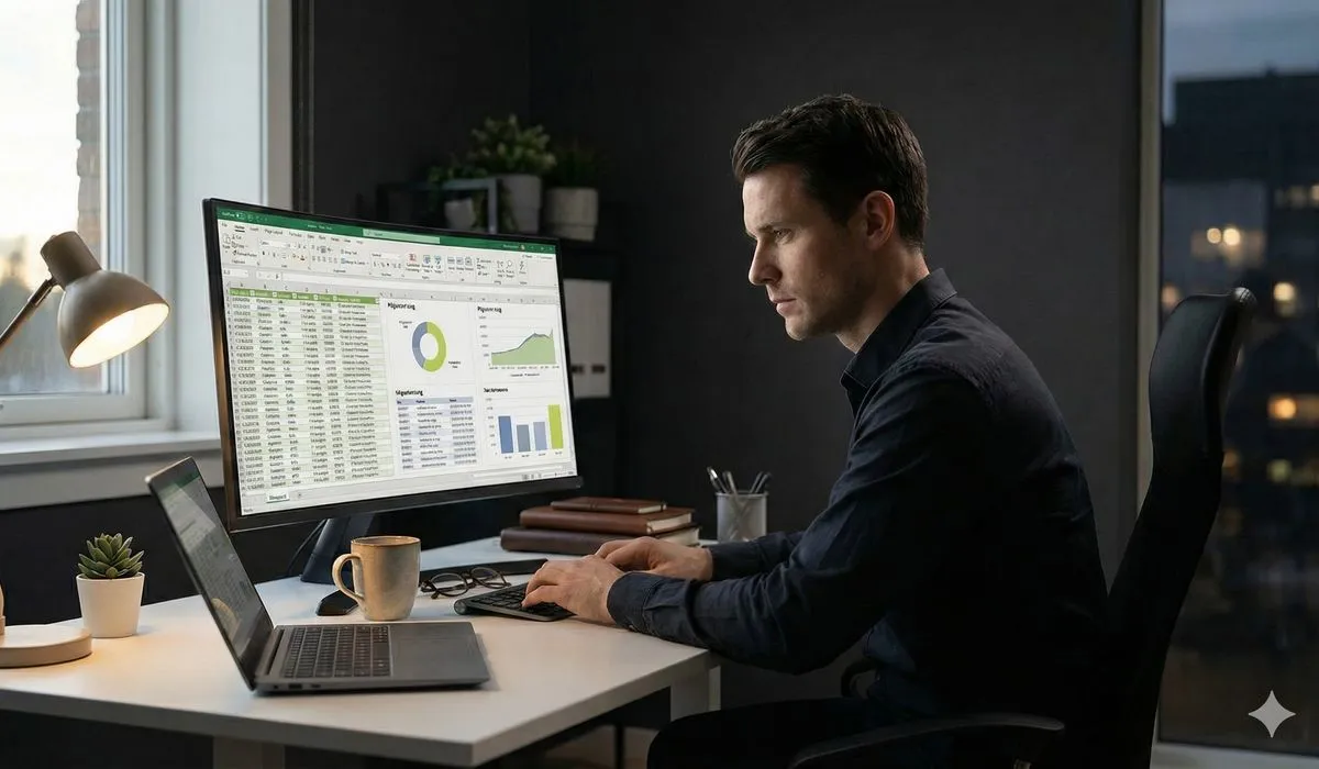 Professional carefully reviewing and preparing data for CRM migration