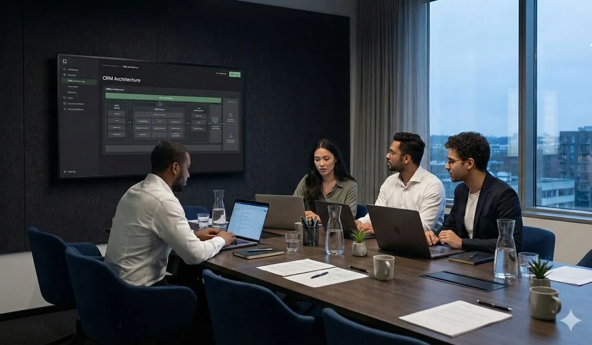 Business team collaborating on CRM implementation strategy in meeting room