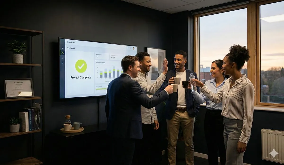 Team celebrating successful CRM implementation project completion