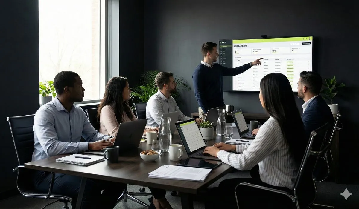 Team members engaged in hands-on CRM training session with laptops