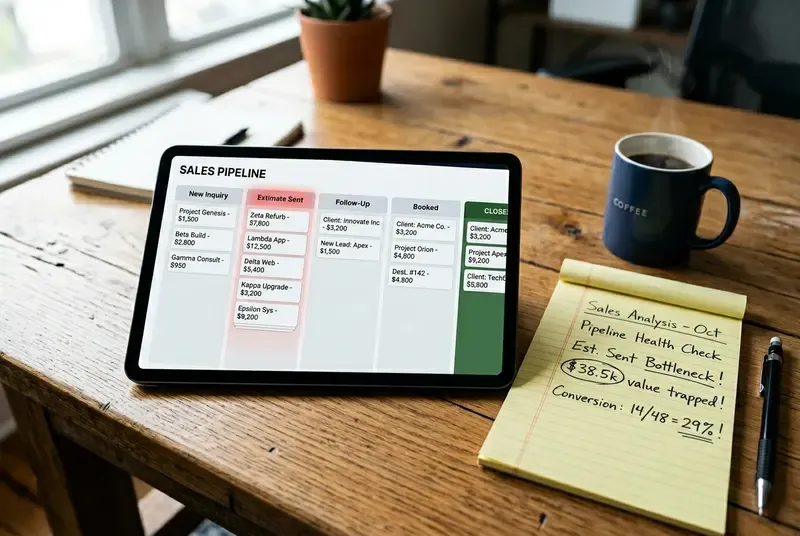 Tablet showing a CRM pipeline kanban board with a bottleneck highlighted in the Estimate Sent stage alongside handwritten audit notes