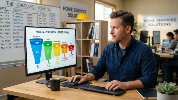 Home services business owner reviewing a CRM pipeline audit dashboard showing sales funnel conversion stages and revenue leak indicators