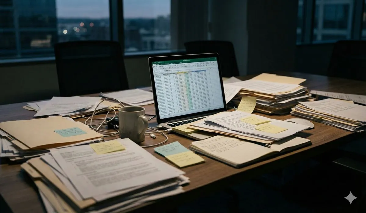 Disorganized paperwork and scattered documents representing poor CRM data quality