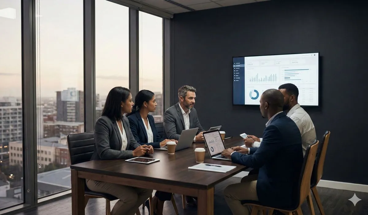 Business professional reviewing reports and analytics on computer screen