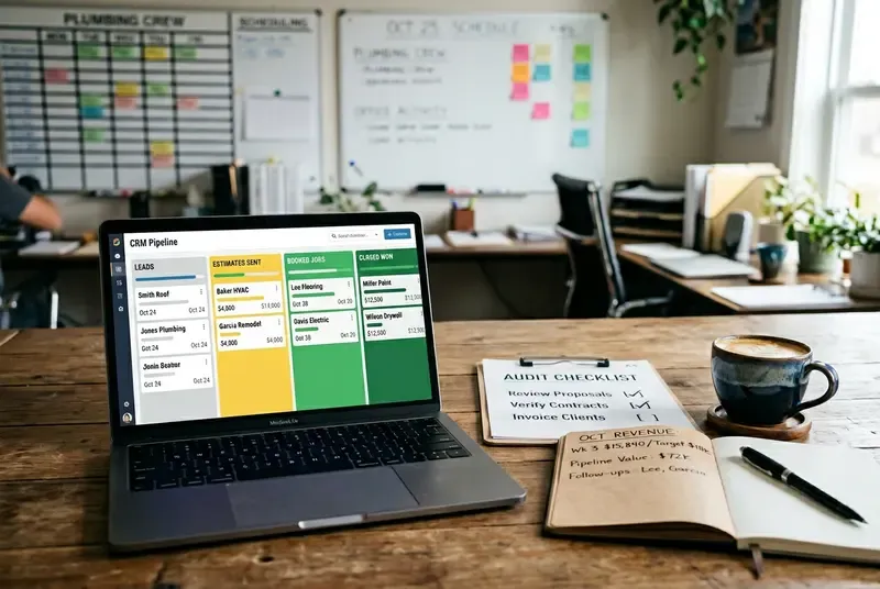 CRM pipeline dashboard on a laptop next to a printed CRM audit checklist on a home services company office desk