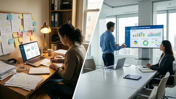 Split scene comparing a DIY CRM audit setup with a professional dynamics CRM consultant presenting findings to a business owner