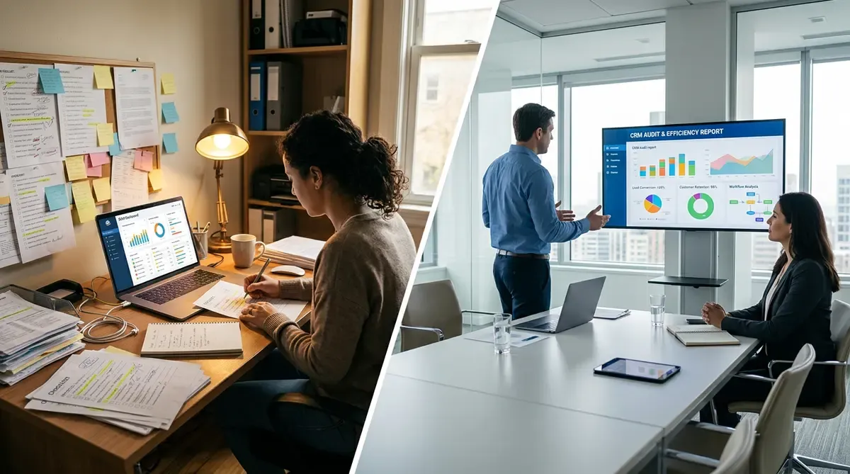 Split scene comparing a DIY CRM audit setup with a professional dynamics CRM consultant presenting findings to a business owner