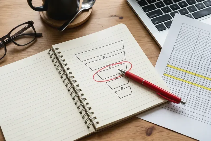 Flat lay of a sales pipeline funnel diagram on a notepad during a CRM pipeline review and lead management audit