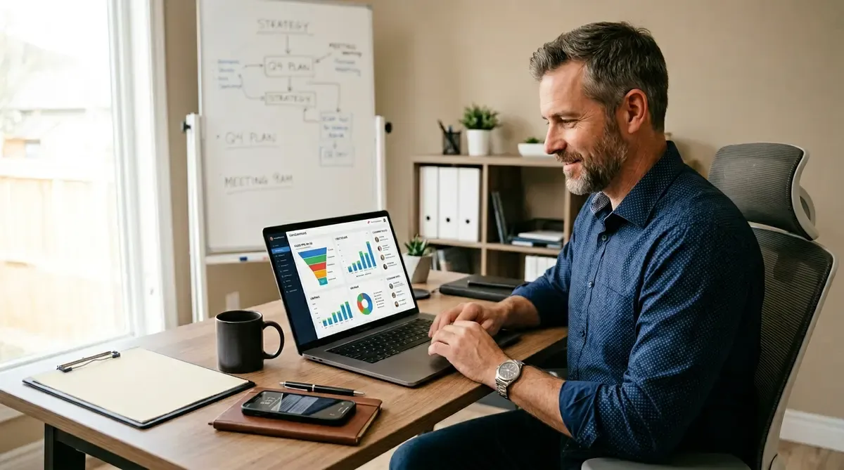 Home services business owner conducting a CRM audit on a laptop showing pipeline and customer data dashboards