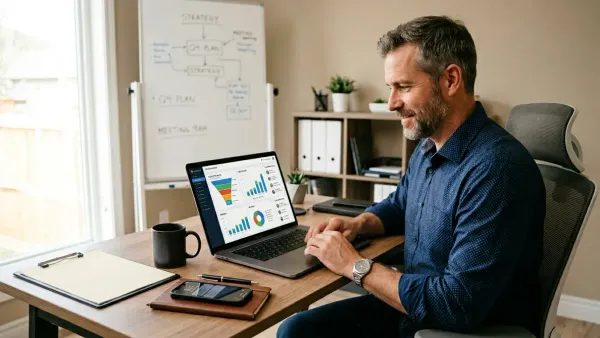 Home services business owner conducting a CRM audit on a laptop showing pipeline and customer data dashboards