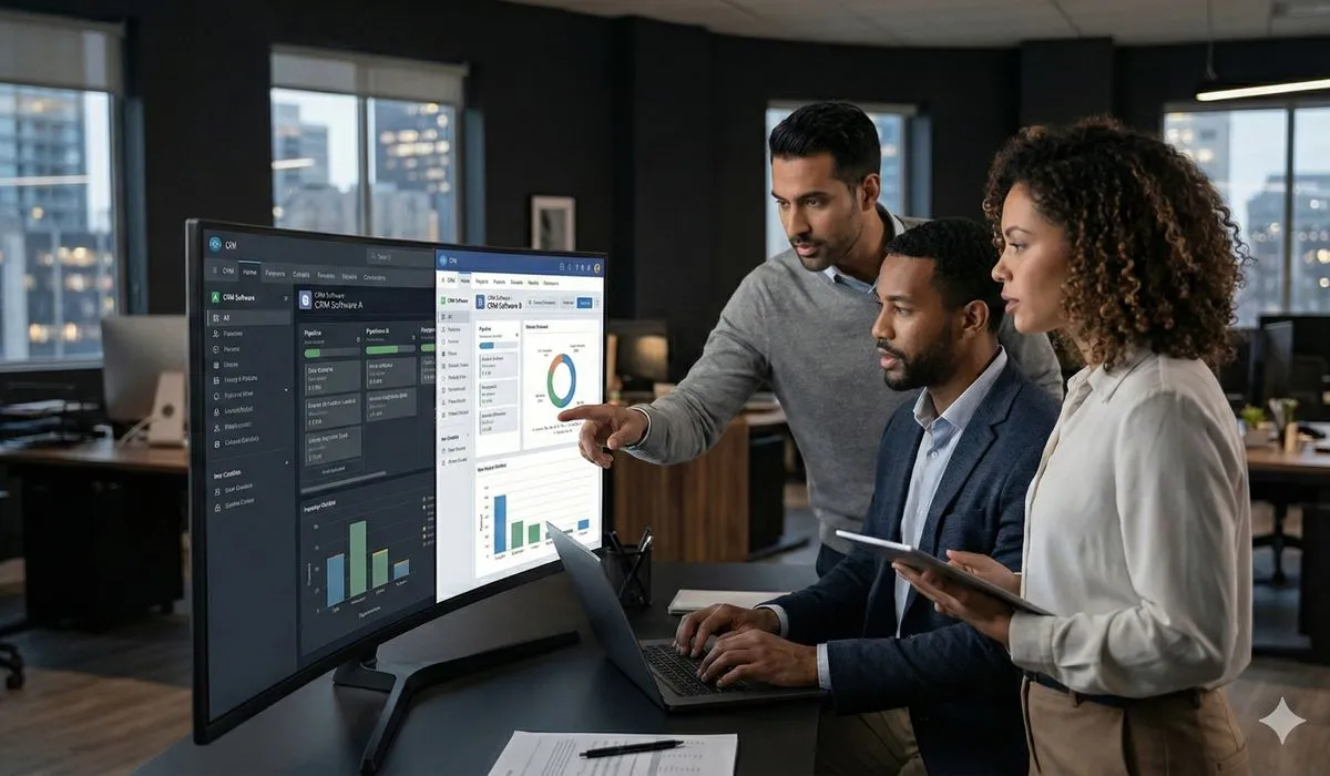 Business professionals comparing HubSpot and Salesforce CRM options