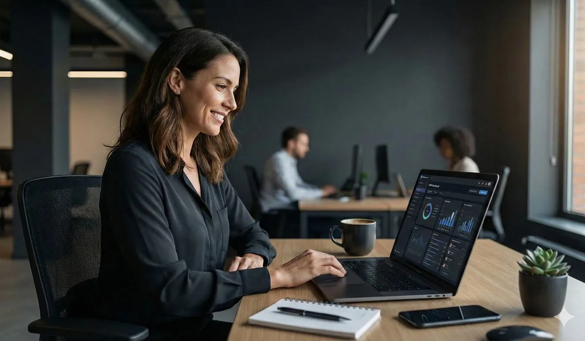 Professional confidently using intuitive CRM software on laptop