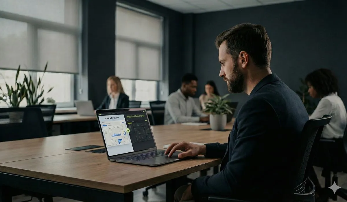 Business professional evaluating and comparing automation software options on laptop