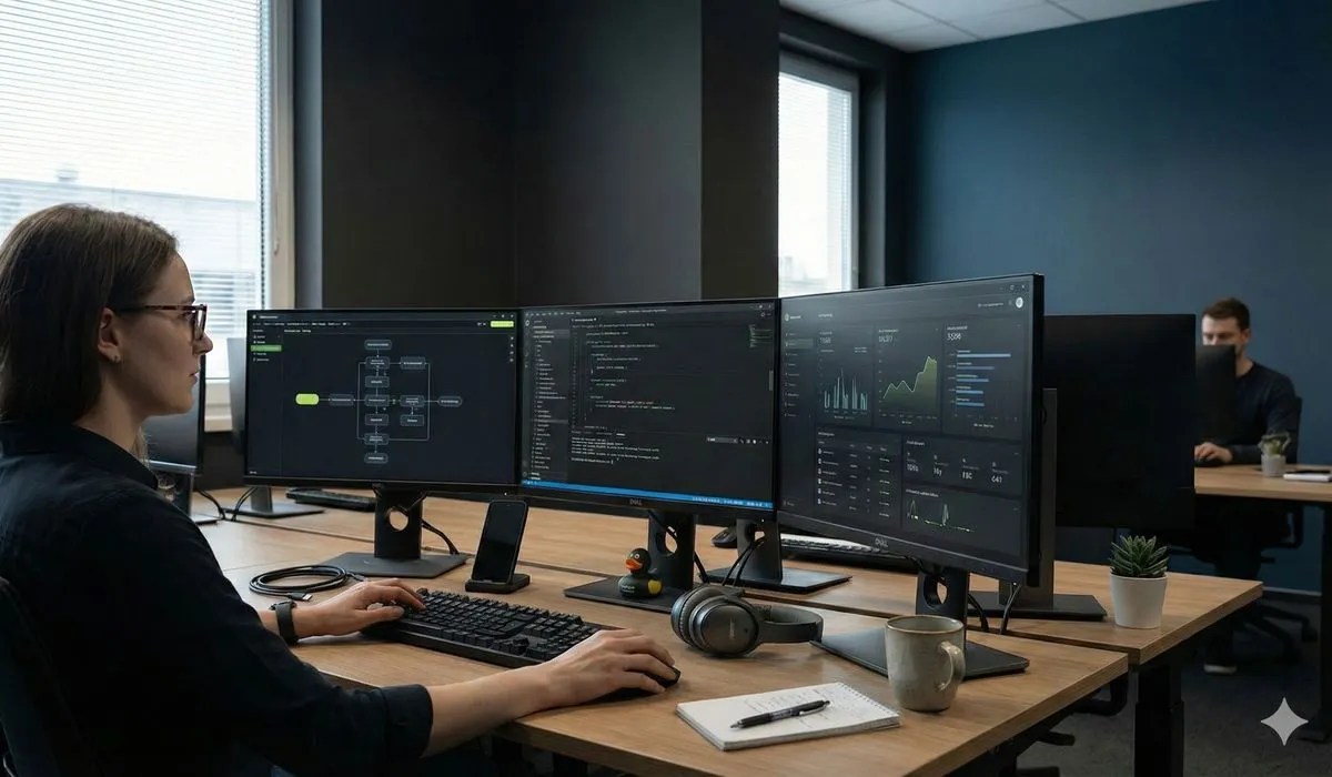 Technical professional building complex automation workflows at multi-monitor workstation