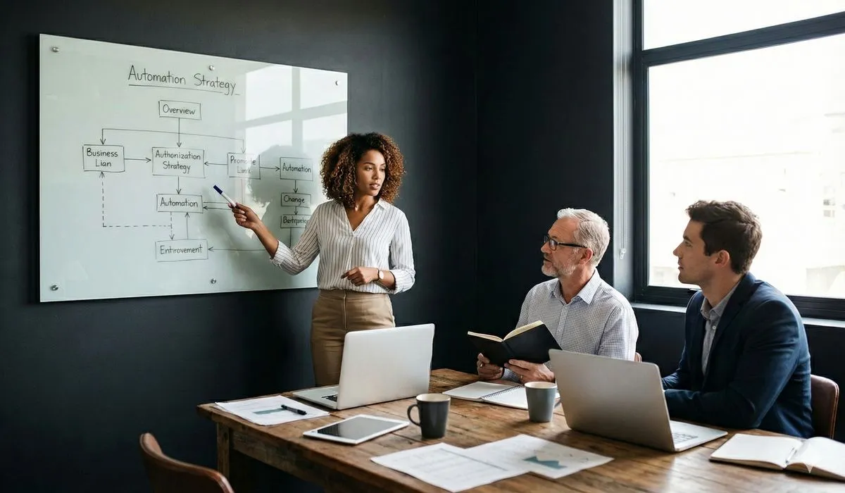 Small business team collaborating on automation strategy in modern office