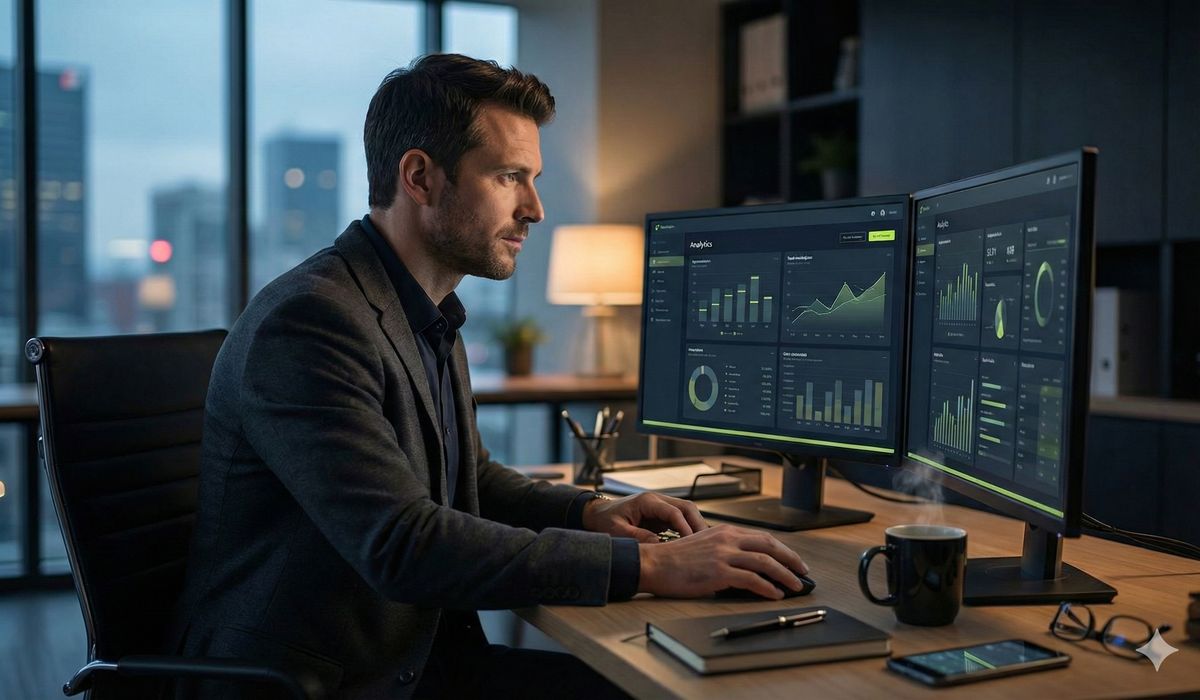Professional analyzing automation performance metrics and analytics on computer screen