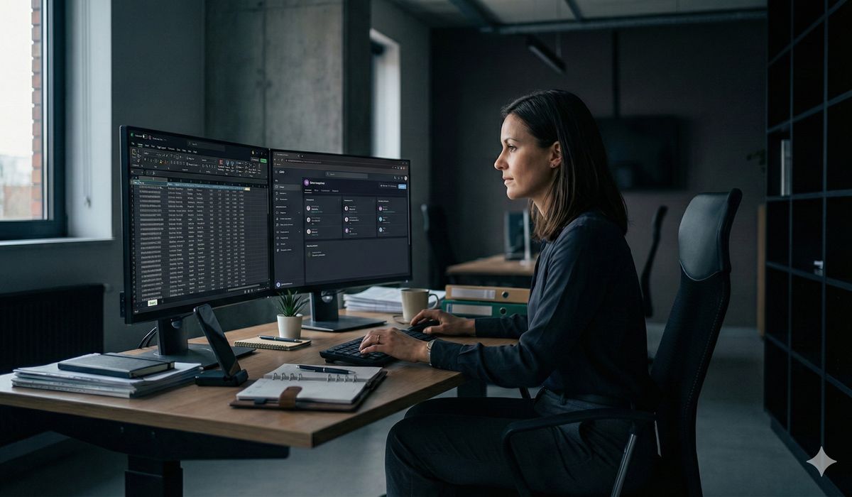 Office worker performing repetitive data entry tasks at computer in modern workspace