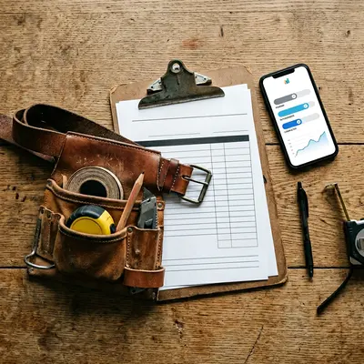 Contractor clipboard with job estimate beside smartphone showing CRM pipeline chart for home services business