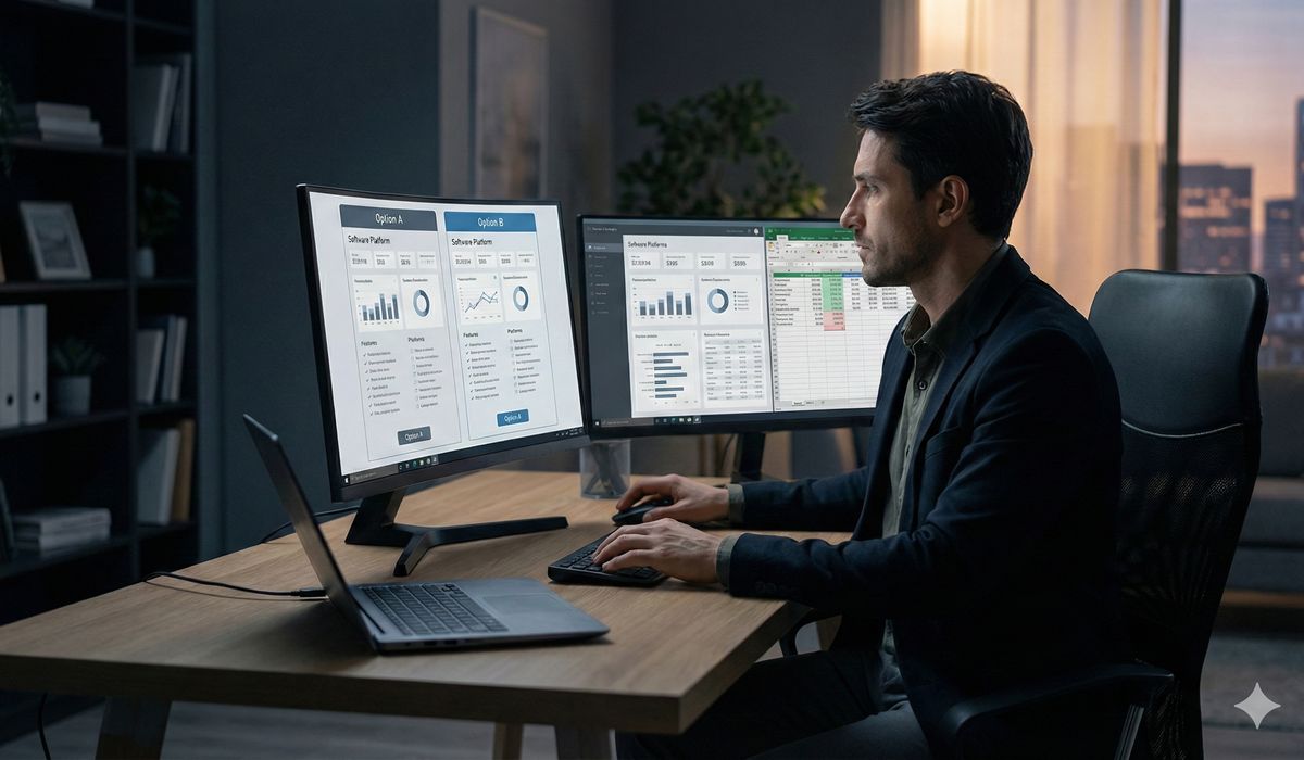 Professional thoughtfully evaluating CRM software options on computer