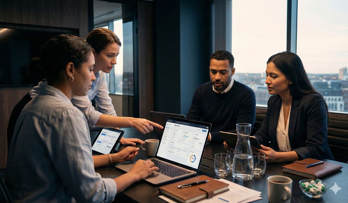 Team members hands-on testing CRM software during free trial period