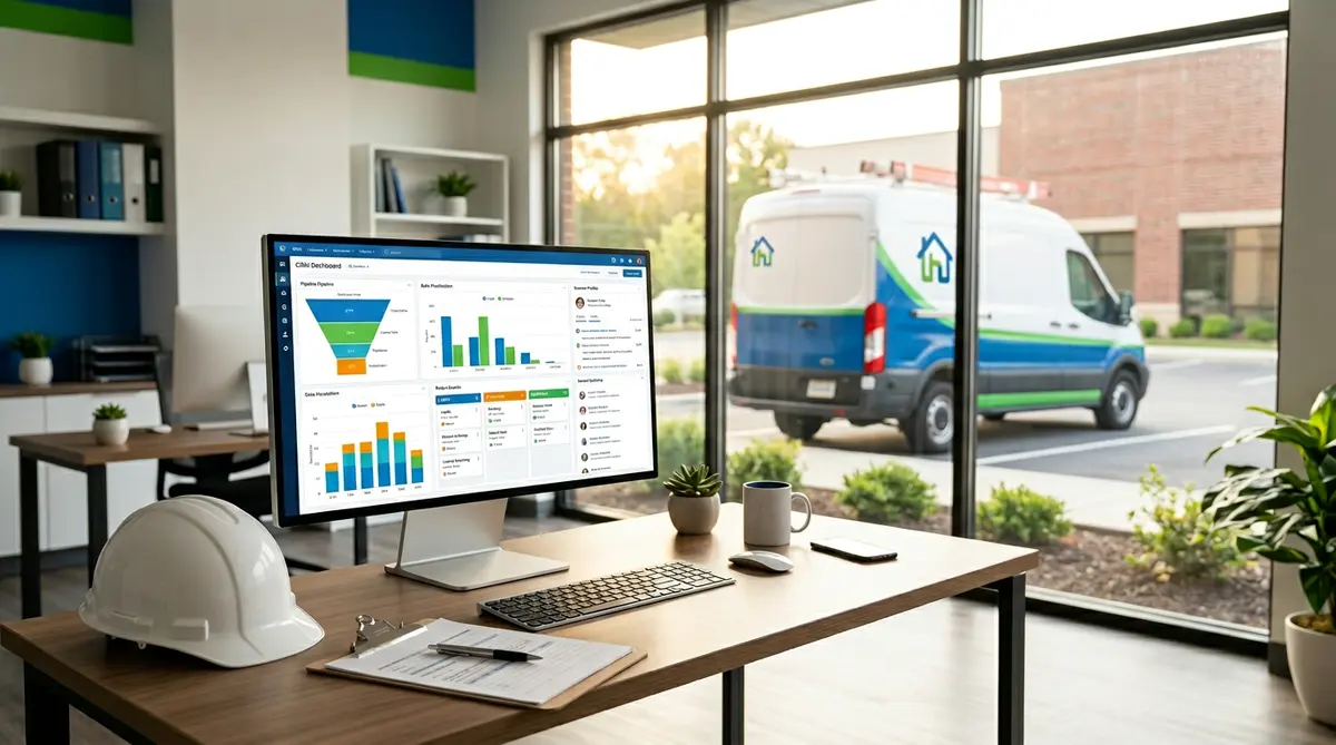 Home services office desk showing CRM dashboard with pipeline data and service van in background