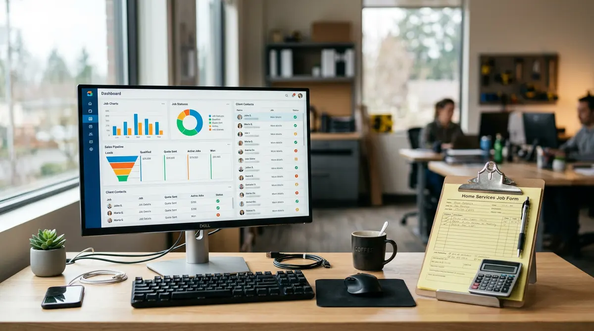 Home services office desk with CRM data hygiene dashboard displayed on computer screen showing clean organized contact records